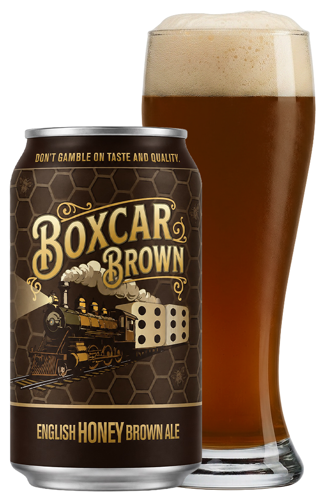 Boxcar Brown English Honey Brown Ale can and pour