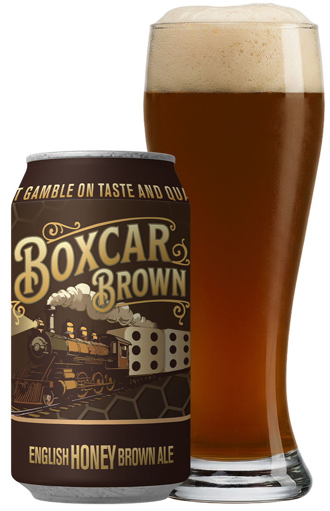 Boxcar Brown English Honey Brown Ale can and pour