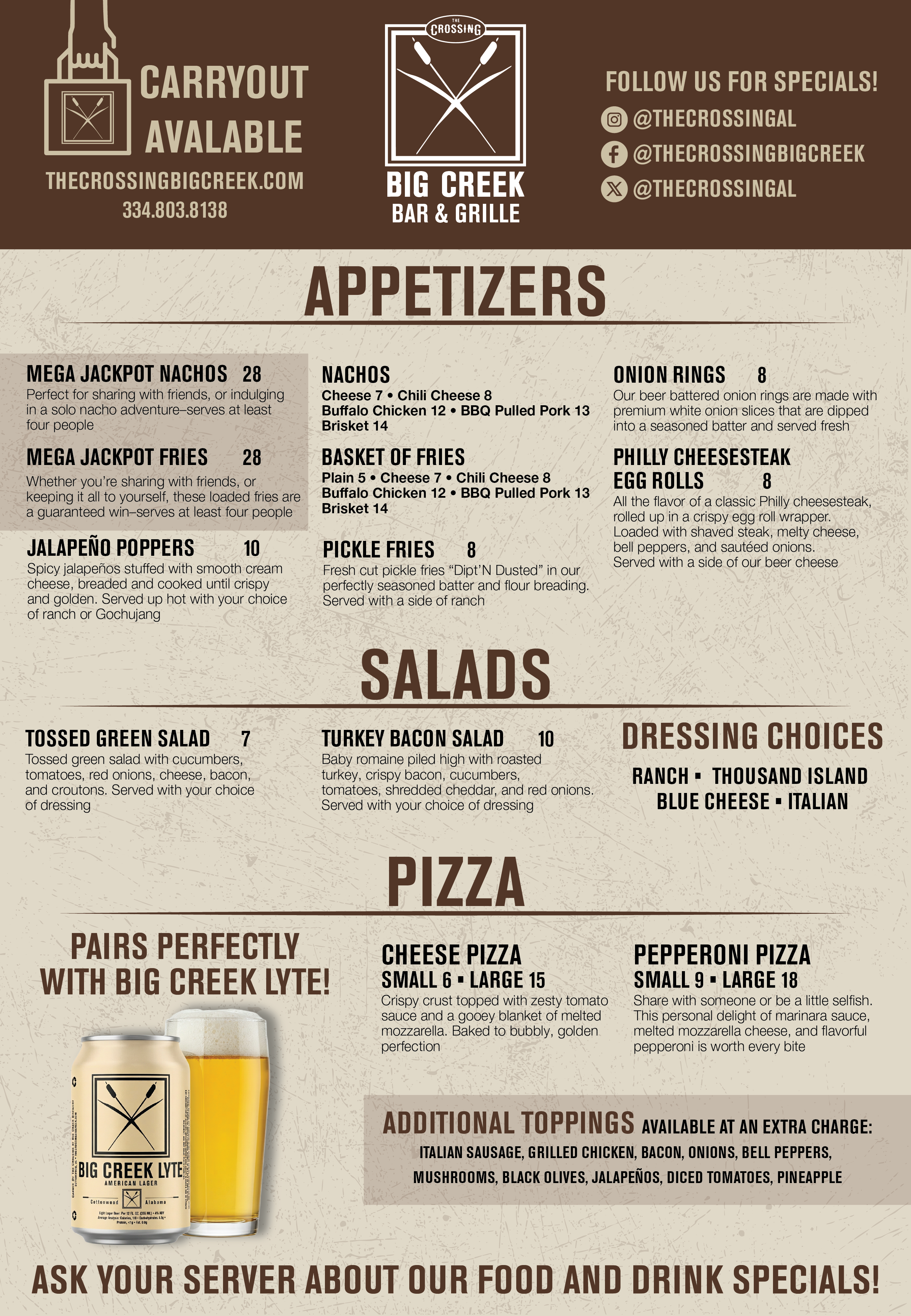 Big Creek Bar and Grille menu page one